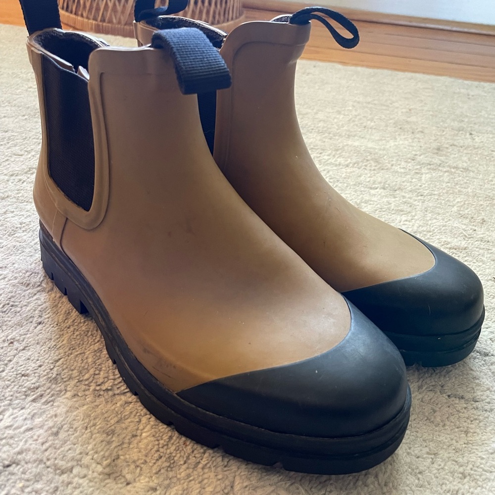 Tan and Black Rubber Ankle Boots